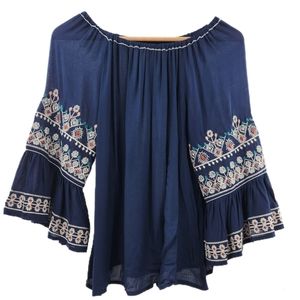 Max Studio Navy Blue 3/4 Bell Sleeve Embroided Top Womens Size XS